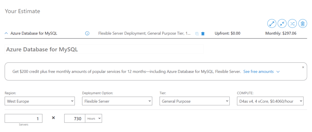 Ejemplo de coste de una base de datos MySQL en Azure