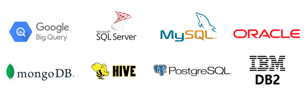 Oacle, SQLServer, Mysql, mongodb, hive, db2, big query