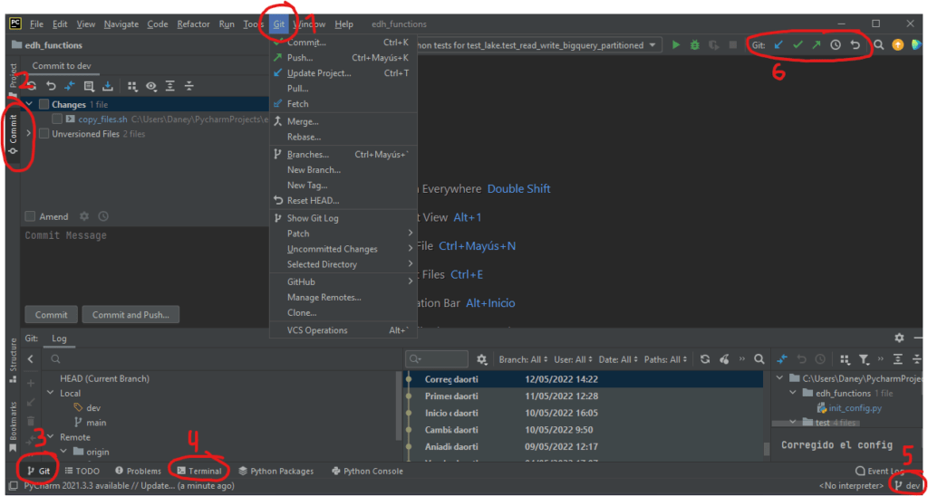 Opciónes de Git en Pycharm