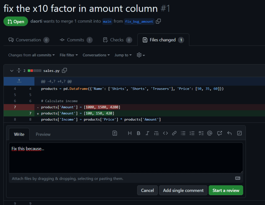 Comparativa de código en la pull-request