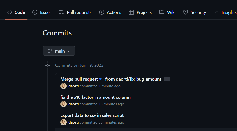 Resultado en commits del merge