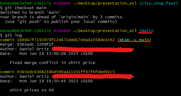 Resultado de git log para ver donde apunta HEAD