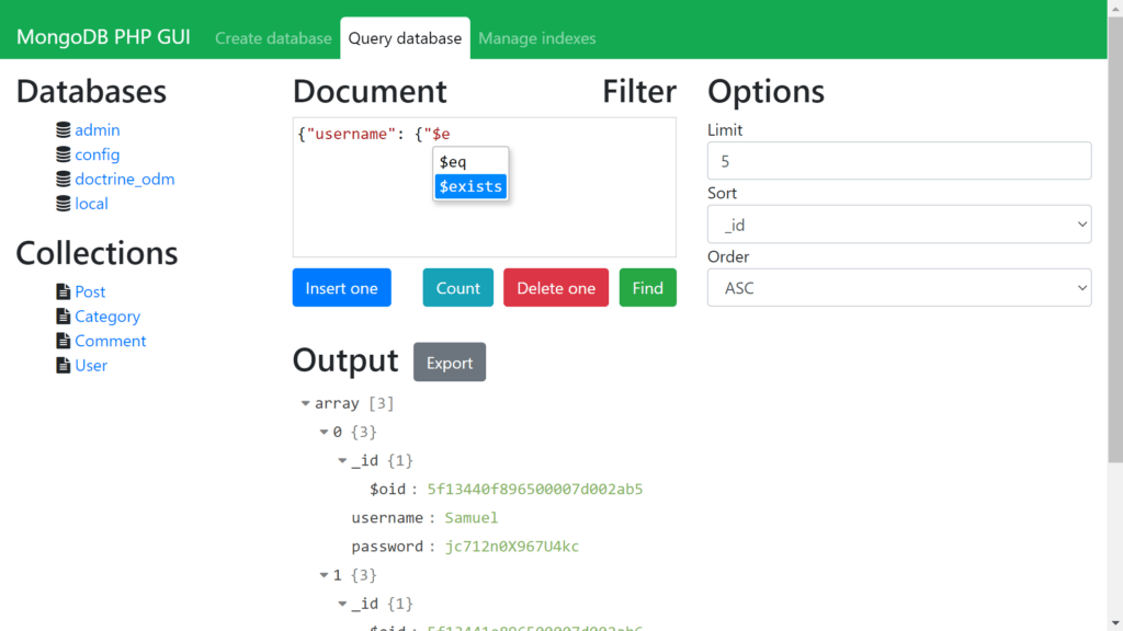 Ejemplo de sentencias de programación NoSQL, documental, en base de datos no relacional, mongodb